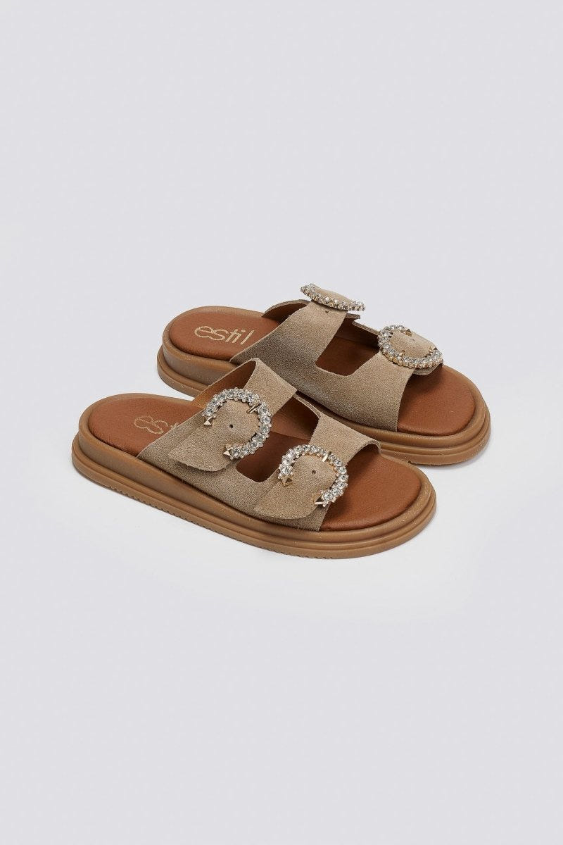 Σανδάλια flatforms καστόρινα με στρας Estil - Τάουπε - thefashionproject.gr - Estil