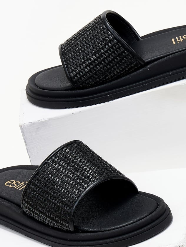 Σανδάλια flatforms με φαρδιά ψάθινη φάσα Estil - Μαύρο - thefashionproject.gr - Estil