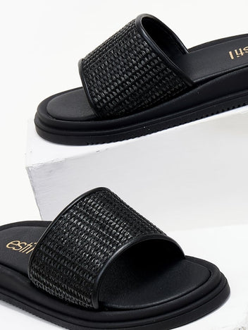 Σανδάλια flatforms με φαρδιά ψάθινη φάσα Estil - Μαύρο - thefashionproject.gr - Estil