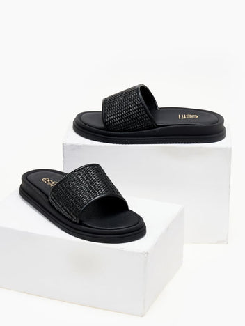 Σανδάλια flatforms με φαρδιά ψάθινη φάσα Estil - Μαύρο - thefashionproject.gr - Estil