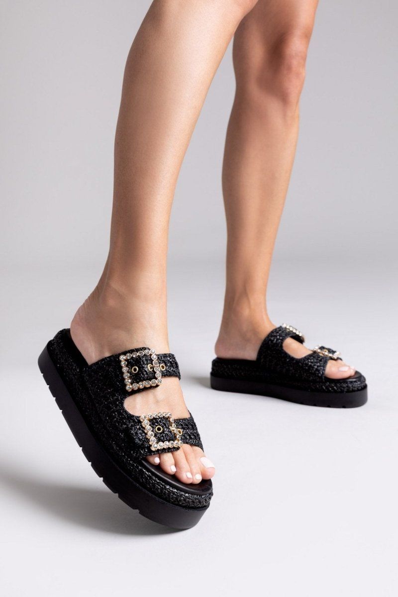 Σανδάλια flatforms με ψάθα Mariella Fabiani 2523/91 - Μαύρο - thefashionproject.gr - Mariella Fabiani