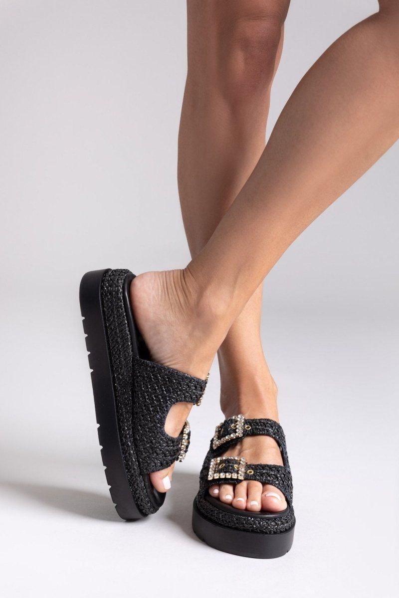 Σανδάλια flatforms με ψάθα Mariella Fabiani 2523/91 - Μαύρο - thefashionproject.gr - Mariella Fabiani