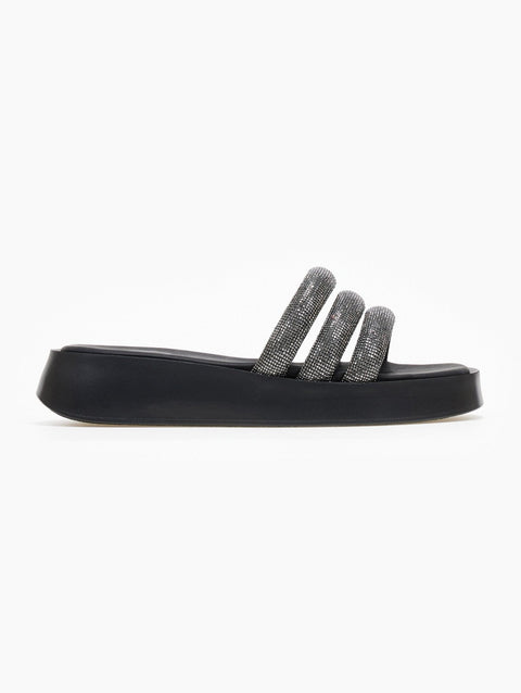 Rhinestone Flatform Sandals - Black
