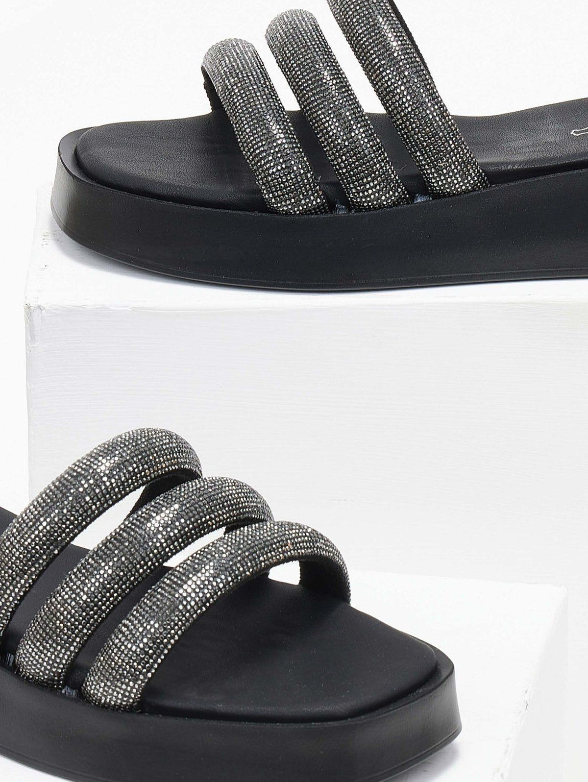 Σανδάλια flatforms με στρας tfp - Μαύρο - thefashionproject.gr - TFP