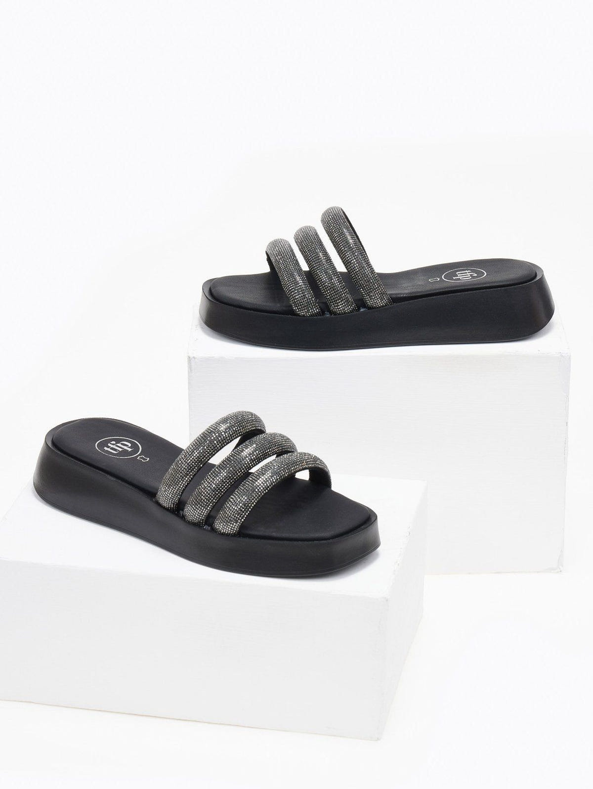 Σανδάλια flatforms με στρας tfp - Μαύρο - thefashionproject.gr - TFP