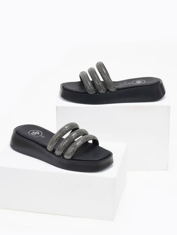 Σανδάλια flatforms με στρας tfp - Μαύρο - thefashionproject.gr - TFP