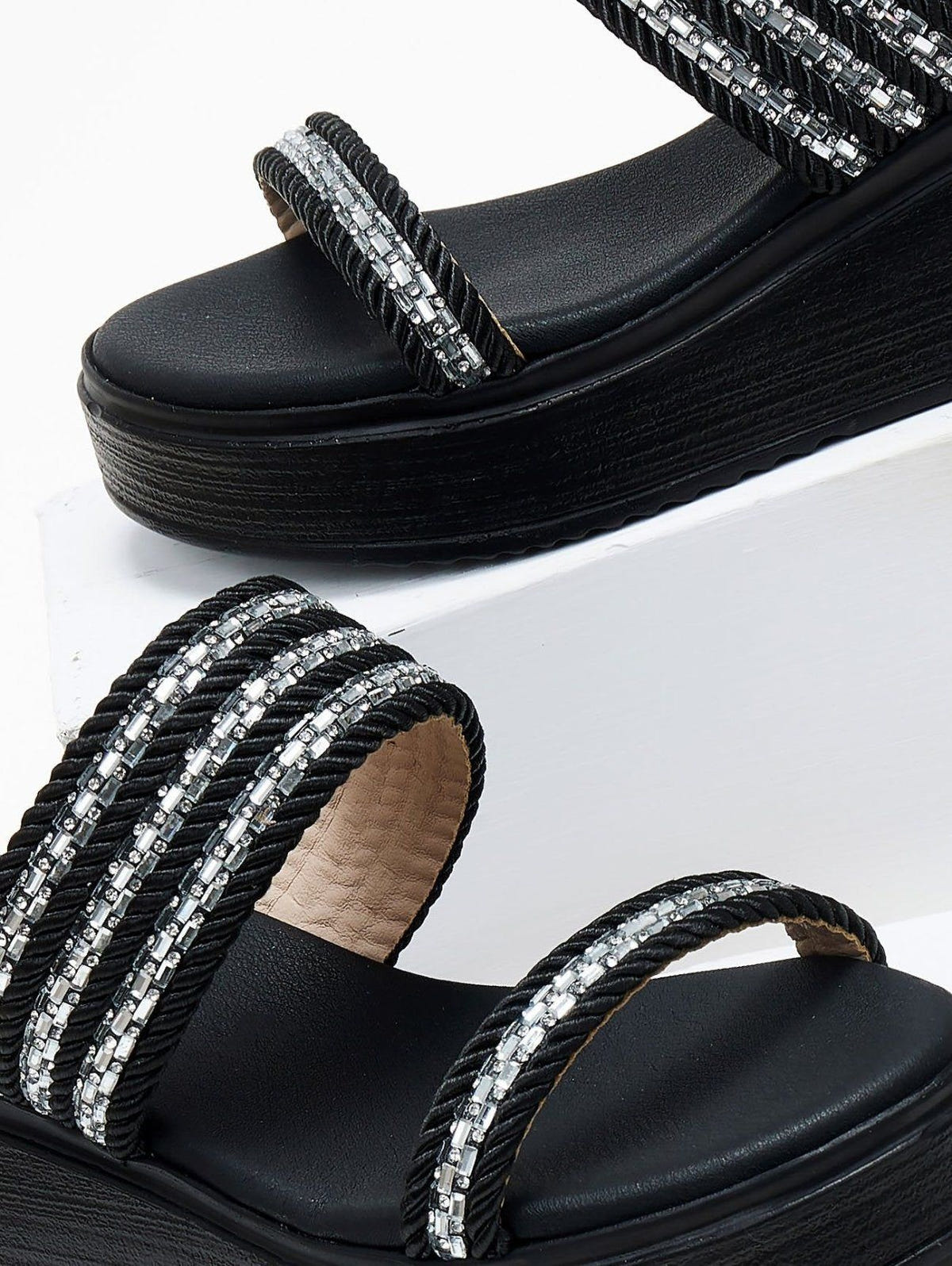 Σανδάλια flatforms με σχοινί και πέτρες Estil - Μαύρο - thefashionproject.gr - Estil