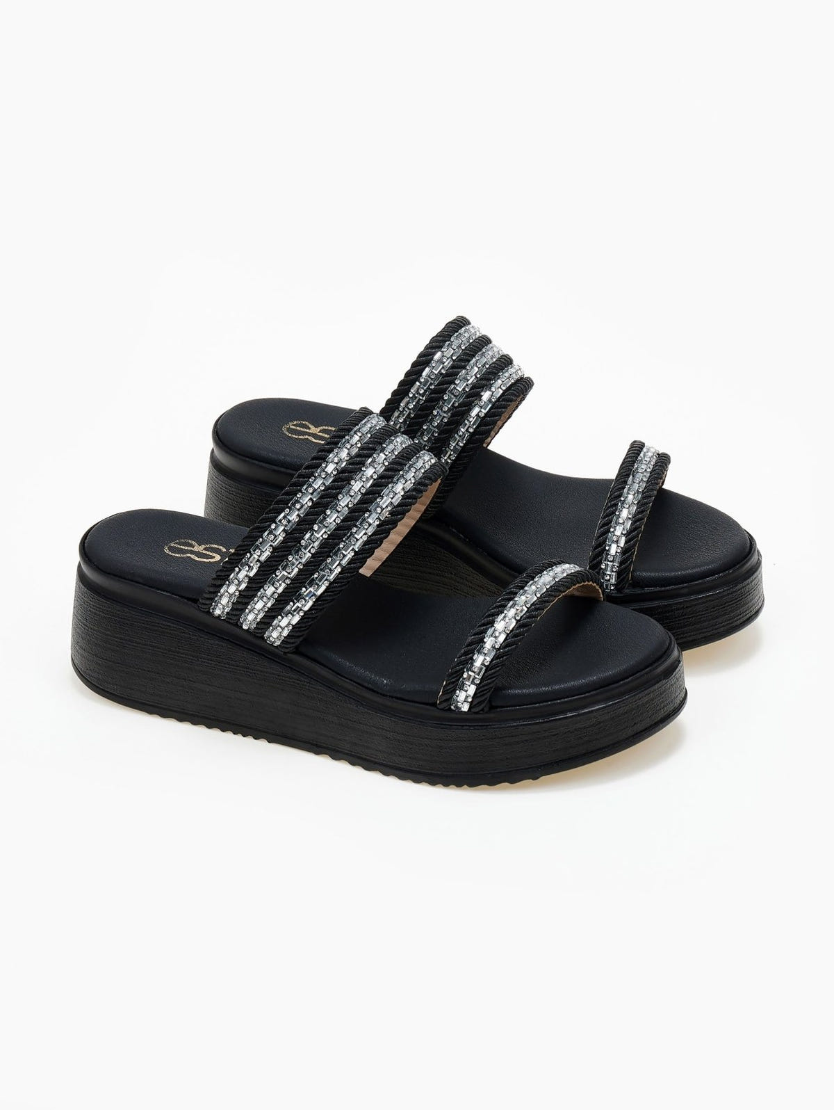Σανδάλια flatforms με σχοινί και πέτρες Estil - Μαύρο - thefashionproject.gr - Estil