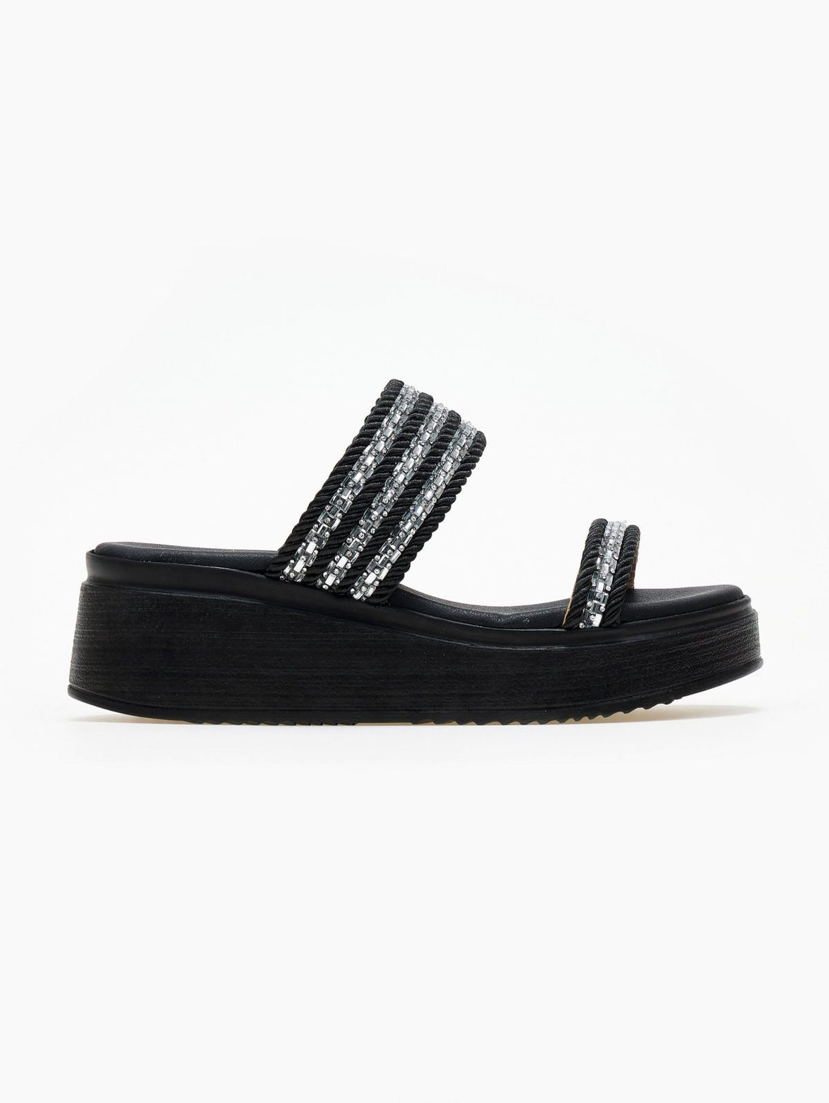 Σανδάλια flatforms με σχοινί και πέτρες Estil - Μαύρο - thefashionproject.gr - Estil