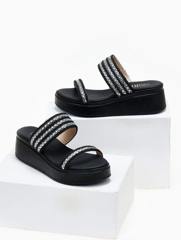 Σανδάλια flatforms με σχοινί και πέτρες Estil - Μαύρο - thefashionproject.gr - Estil