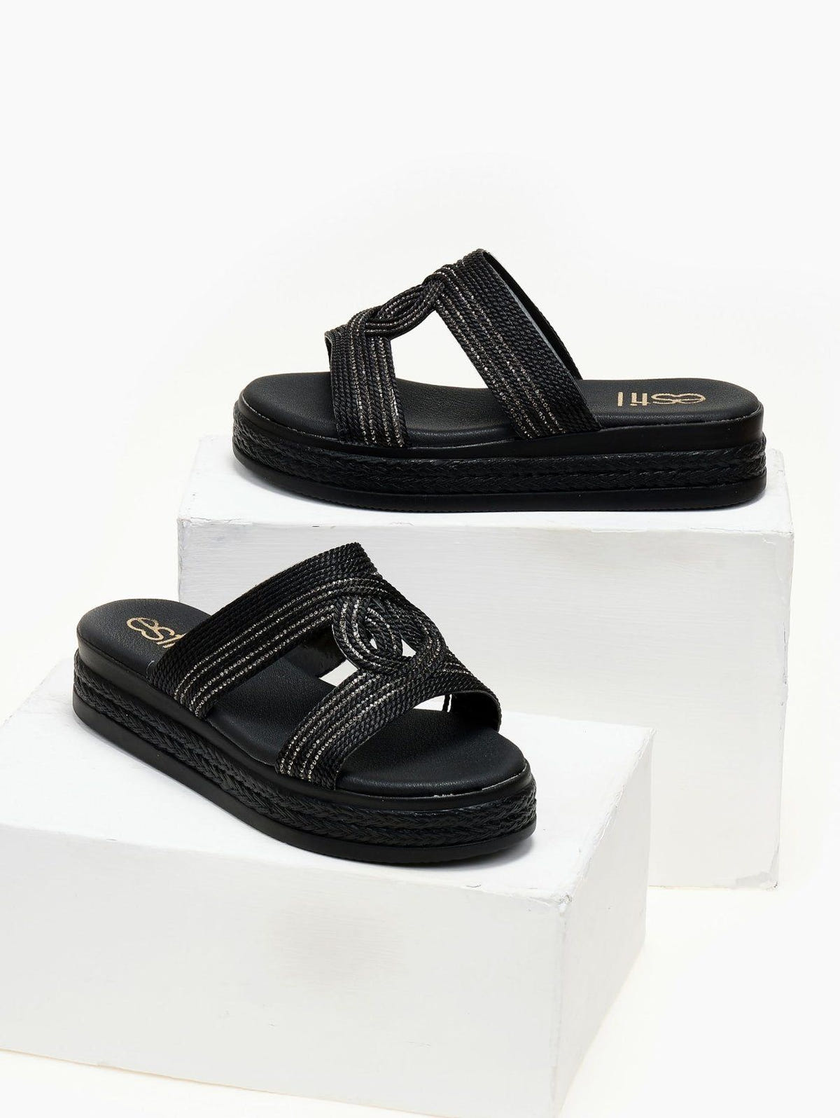 Σανδάλια flatforms με σχοινί και στρας Estil - Μαύρο - thefashionproject.gr - Estil
