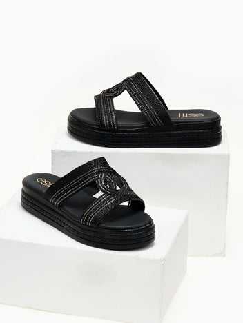 Σανδάλια flatforms με σχοινί και στρας Estil - Μαύρο - thefashionproject.gr - Estil