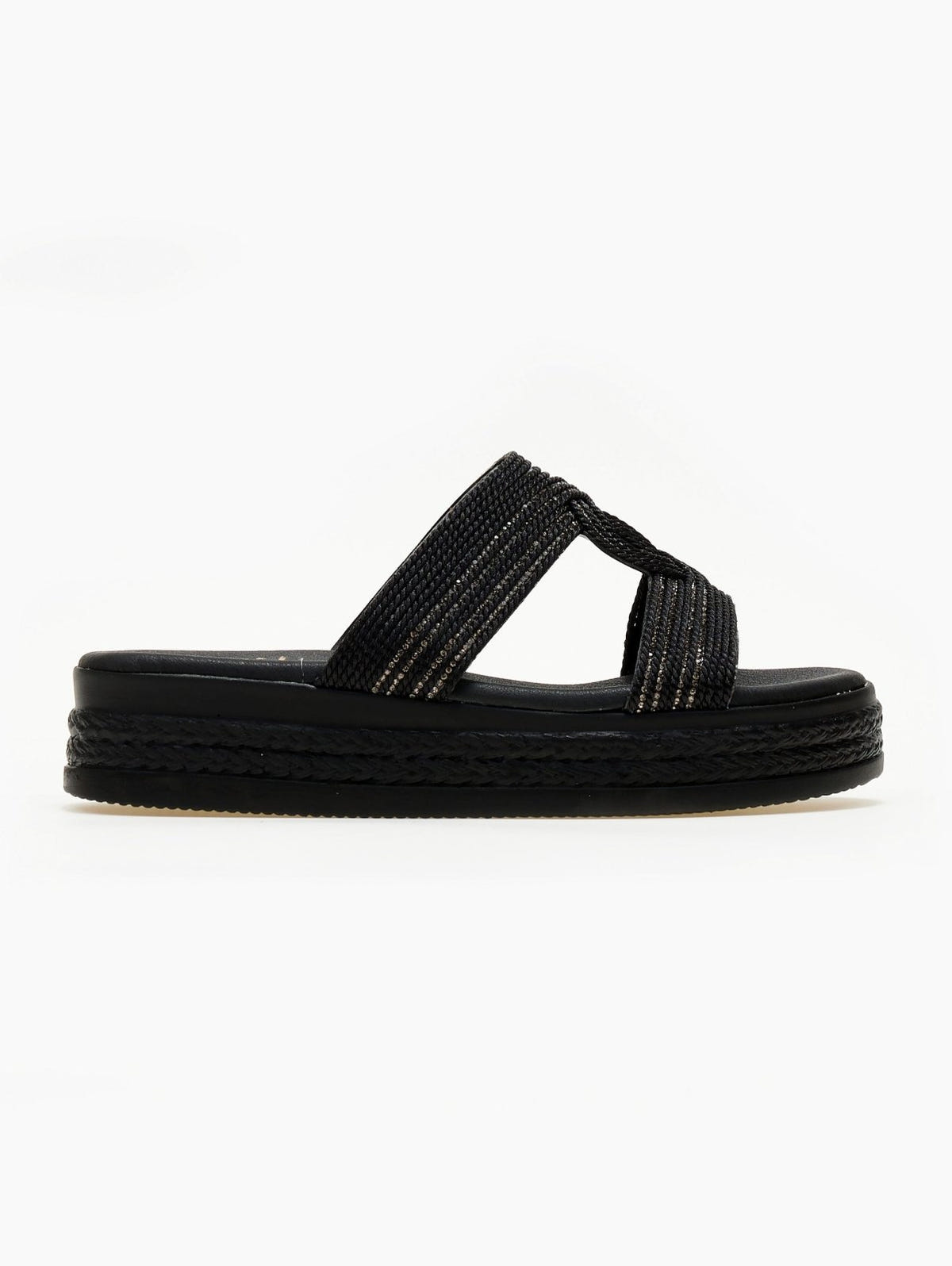 Σανδάλια flatforms με σχοινί και στρας Estil - Μαύρο - thefashionproject.gr - Estil