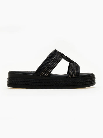 Σανδάλια flatforms με σχοινί και στρας Estil - Μαύρο - thefashionproject.gr - Estil