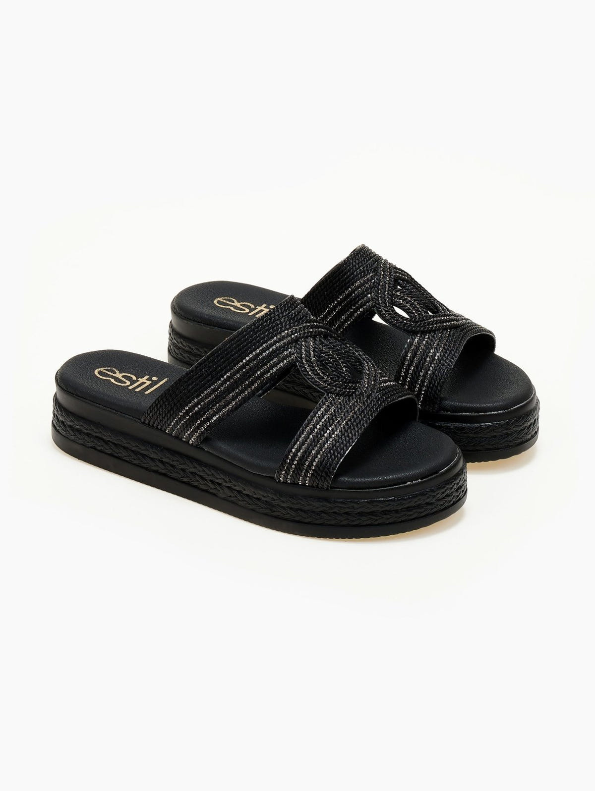 Σανδάλια flatforms με σχοινί και στρας Estil - Μαύρο - thefashionproject.gr - Estil