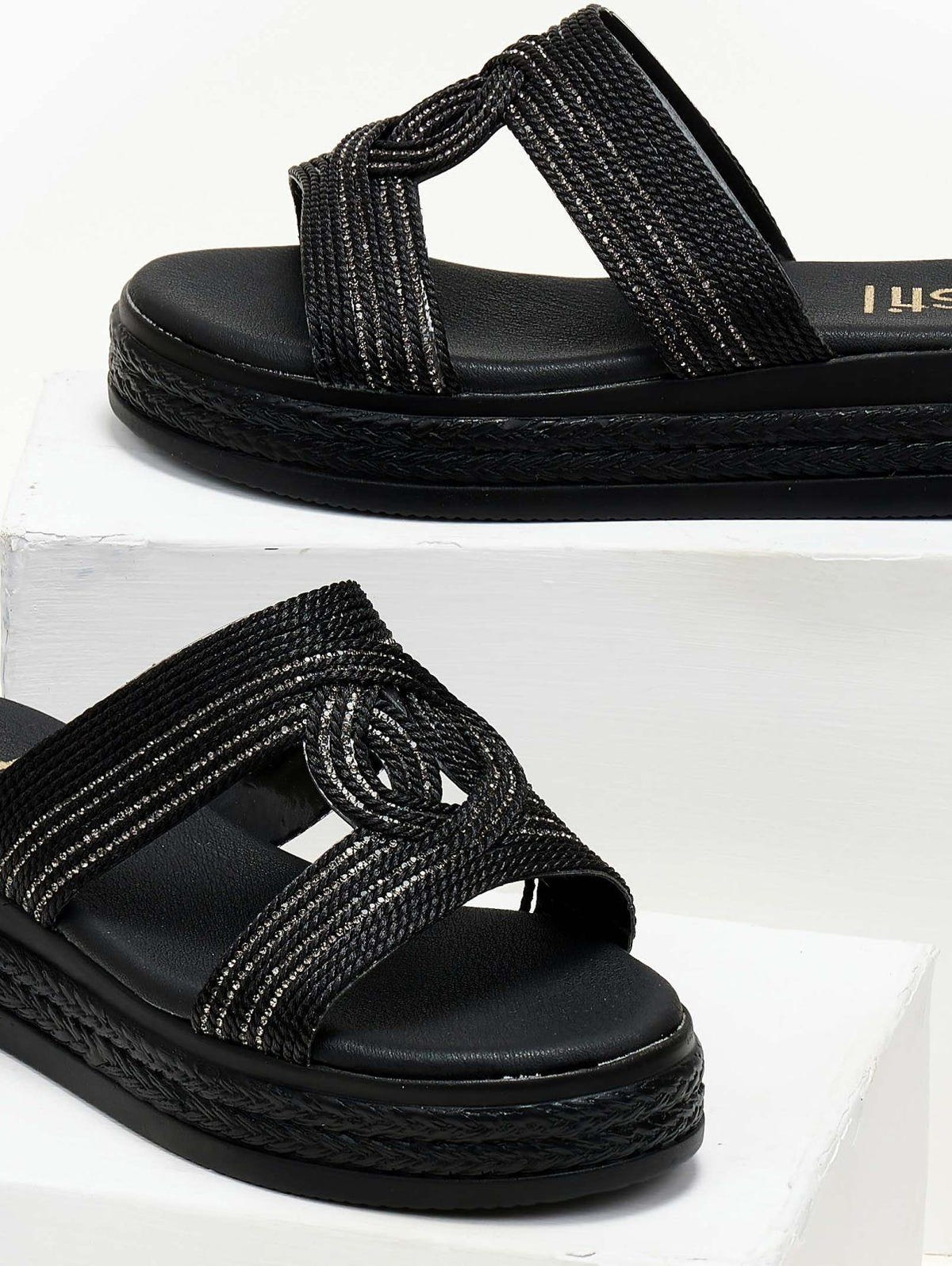 Σανδάλια flatforms με σχοινί και στρας Estil - Μαύρο - thefashionproject.gr - Estil