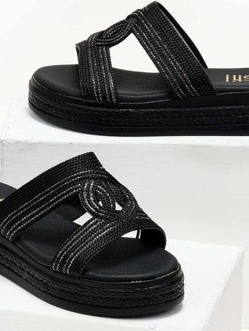 Σανδάλια flatforms με σχοινί και στρας Estil - Μαύρο - thefashionproject.gr - Estil