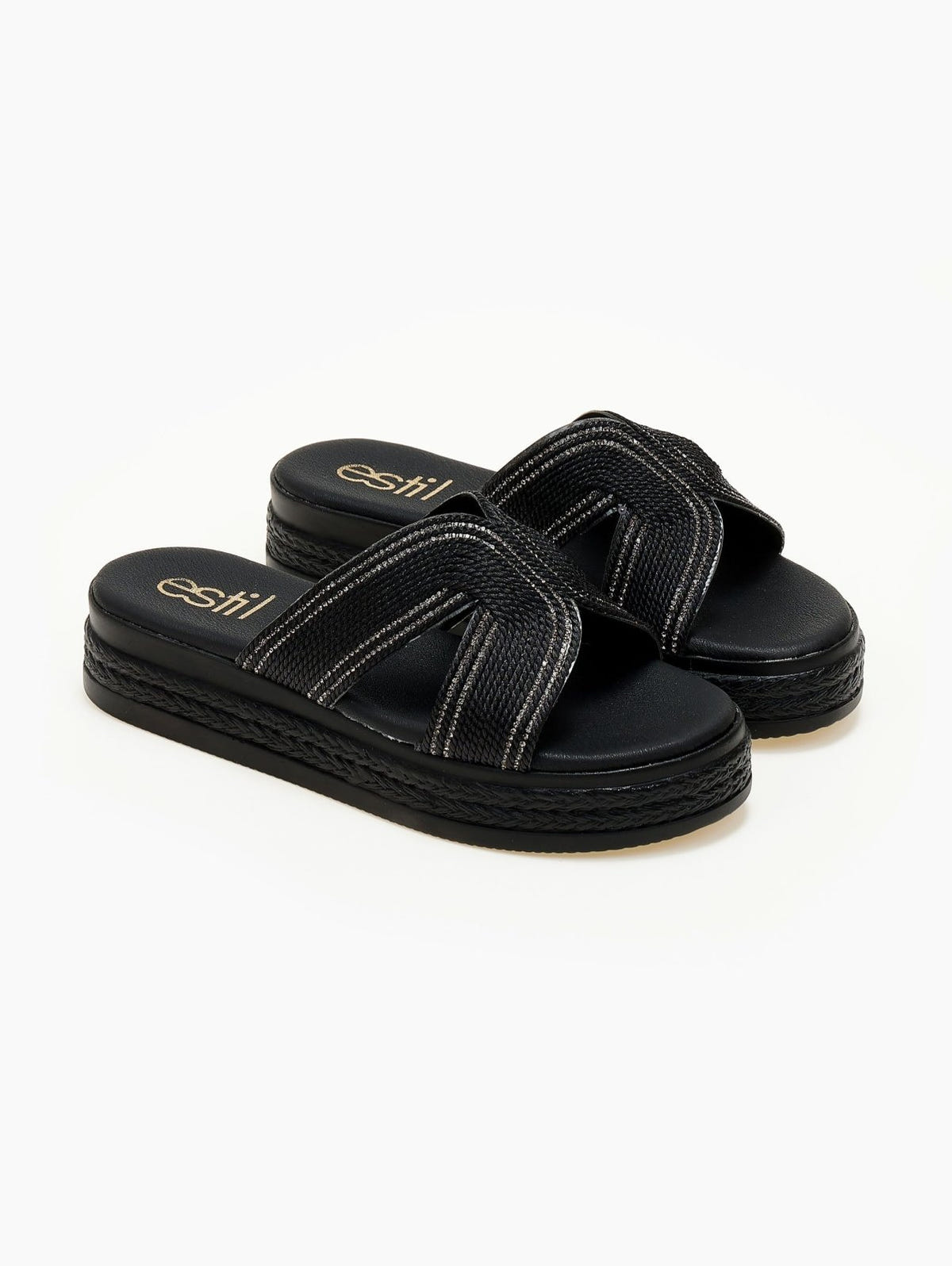 Σανδάλια flatforms με σχοινί και στρας Estil - Μαύρο - thefashionproject.gr - Estil