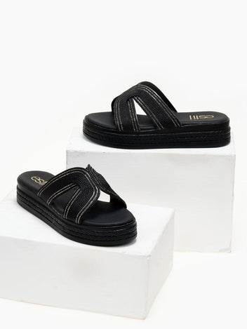 Σανδάλια flatforms με σχοινί και στρας Estil - Μαύρο - thefashionproject.gr - Estil