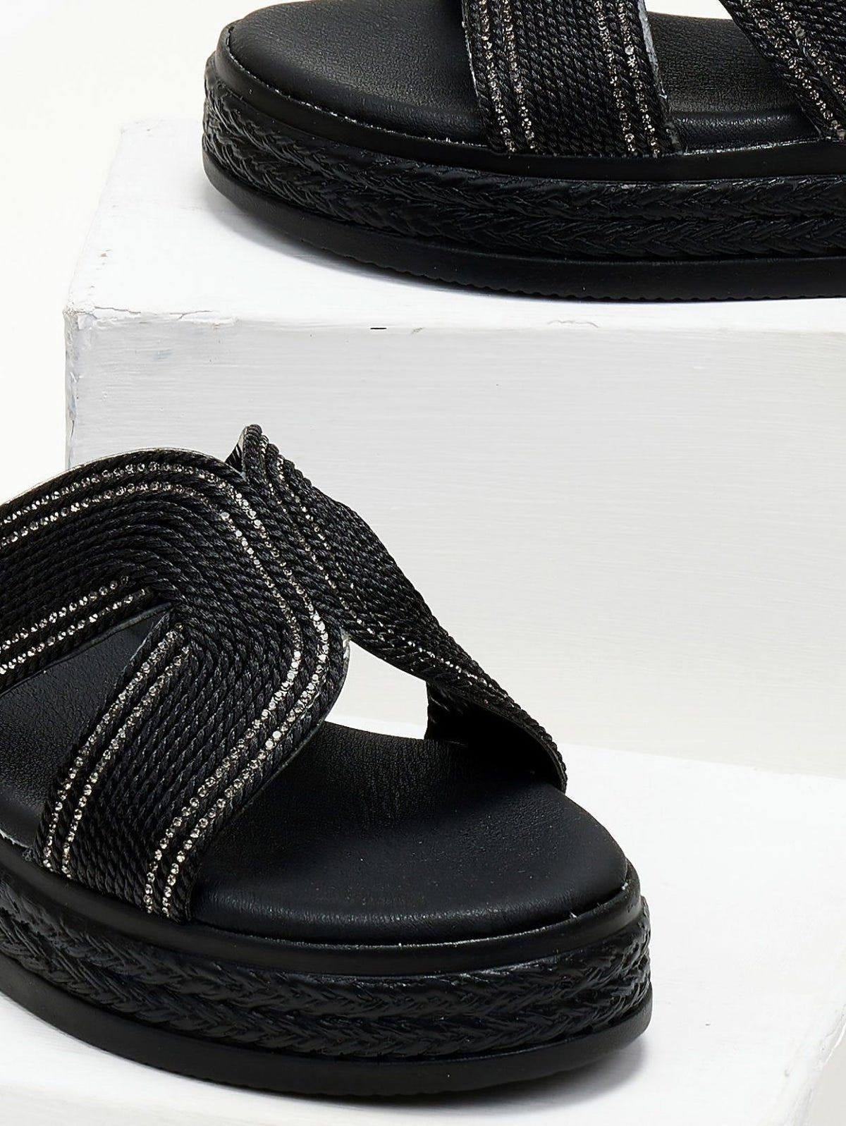 Σανδάλια flatforms με σχοινί και στρας Estil - Μαύρο - thefashionproject.gr - Estil