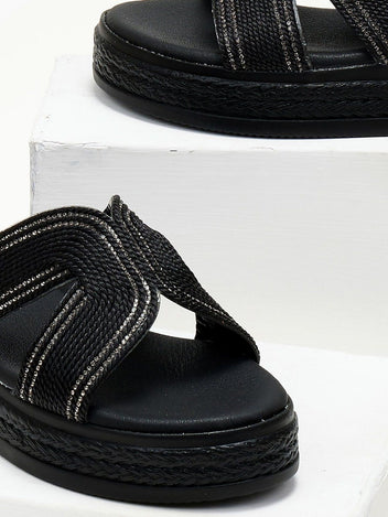 Σανδάλια flatforms με σχοινί και στρας Estil - Μαύρο - thefashionproject.gr - Estil