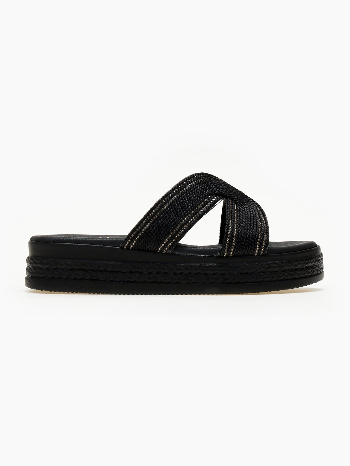 Σανδάλια flatforms με σχοινί και στρας Estil - Μαύρο - thefashionproject.gr - Estil