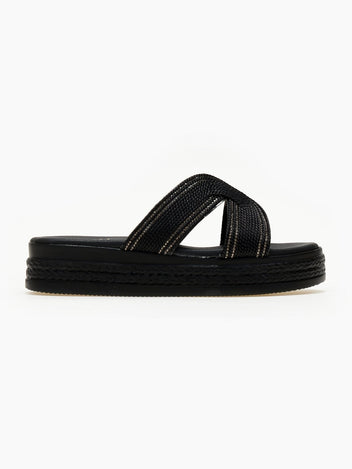 Σανδάλια flatforms με σχοινί και στρας Estil - Μαύρο - thefashionproject.gr - Estil