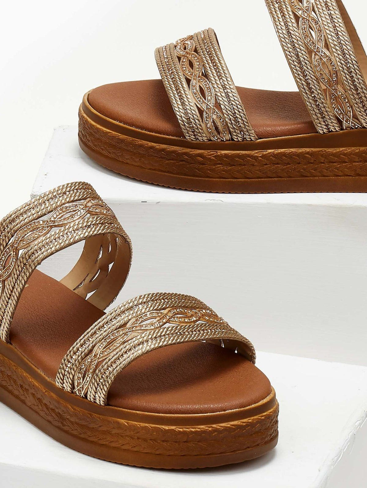 Σανδάλια flatforms με σχοίνινες φάσες Estil - Χαλκός - thefashionproject.gr - Estil