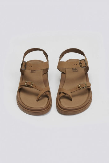 Σανδάλια flatforms nubuck δερμάτινα με μπαρέτα Estil - Κάμελ - thefashionproject.gr - Estil