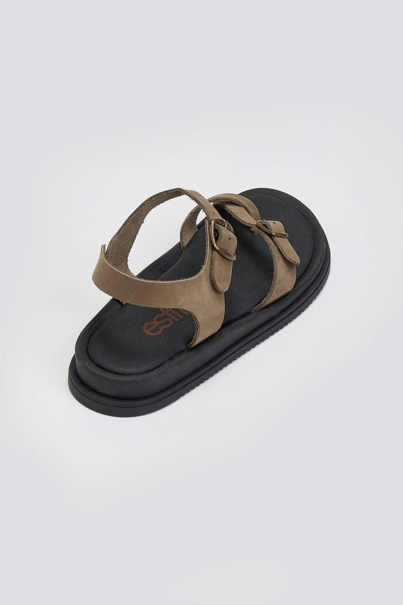 Σανδάλια flatforms nubuck δερμάτινα με μπαρέτα Estil - Λαδί - thefashionproject.gr - Estil