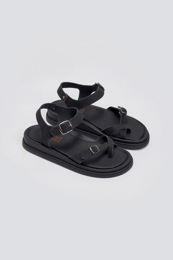 Σανδάλια flatforms nubuck δερμάτινα με μπαρέτα Estil - Μαύρο - thefashionproject.gr - Estil