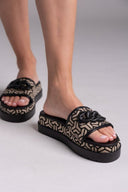 Σανδάλια flatforms υφασμάτινα με print Mariella Fabiani 2521/91 - Μαύρο/Μπεζ - thefashionproject.gr - Mariella Fabiani