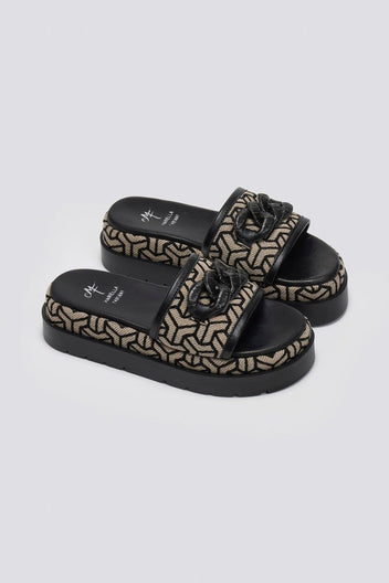 Σανδάλια flatforms υφασμάτινα με print Mariella Fabiani 2521/91 - Μαύρο/Μπεζ - thefashionproject.gr - Mariella Fabiani