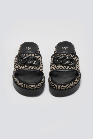 Σανδάλια flatforms υφασμάτινα με print Mariella Fabiani 2521/91 - Μαύρο/Μπεζ - thefashionproject.gr - Mariella Fabiani
