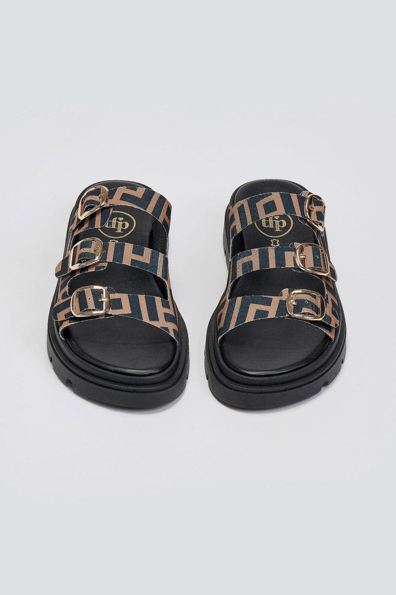 Σανδάλια flatforms υφασμάτινα με τρεις φάσες Tfp - Καφέ - thefashionproject.gr - TFP