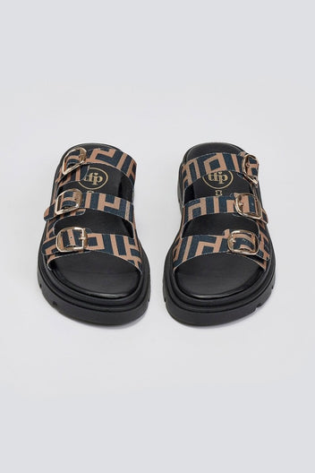Σανδάλια flatforms υφασμάτινα με τρεις φάσες Tfp - Καφέ - thefashionproject.gr - TFP