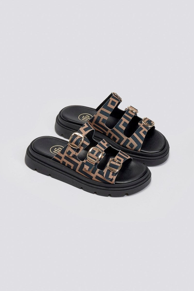 Σανδάλια flatforms υφασμάτινα με τρεις φάσες Tfp - Καφέ - thefashionproject.gr - TFP