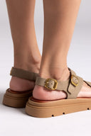 Σανδάλια καστόρινα με δύο τοκάδες Tfp - Λαδί - thefashionproject.gr - TFP