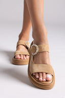 Σανδάλια καστόρινα με στρας τοκά Tfp - Μπεζ - thefashionproject.gr - TFP