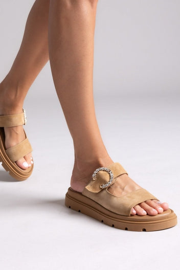 Σανδάλια καστόρινα με στρας τοκά Tfp - Μπεζ - thefashionproject.gr - TFP