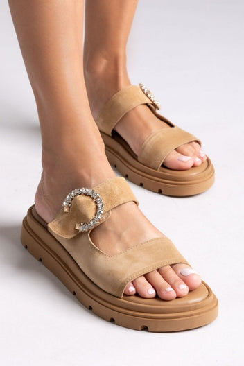 Σανδάλια καστόρινα με στρας τοκά Tfp - Μπεζ - thefashionproject.gr - TFP