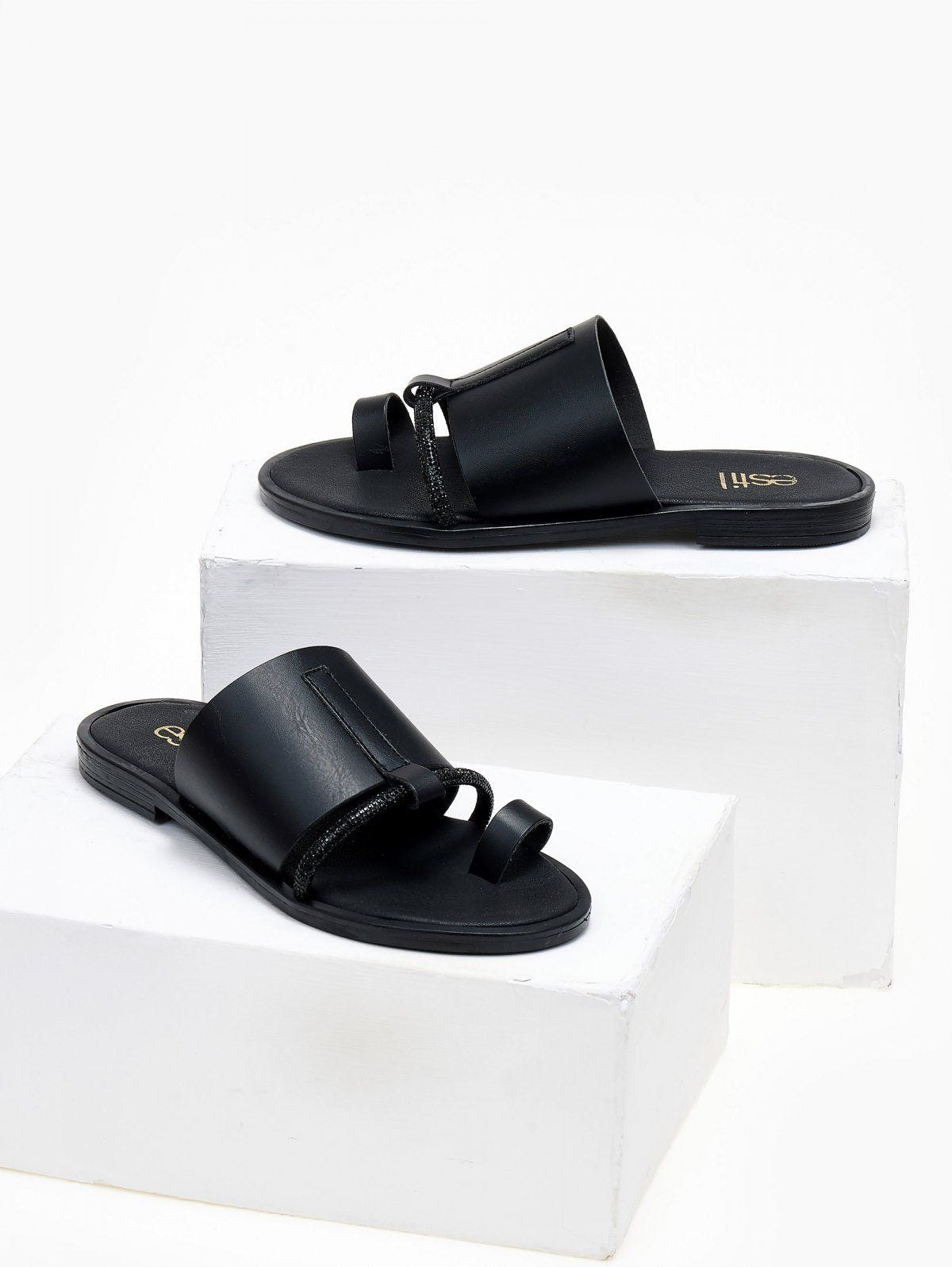 Σανδάλια με φαρδιά φάσα και στρας Estil - Μαύρο - thefashionproject.gr - Estil