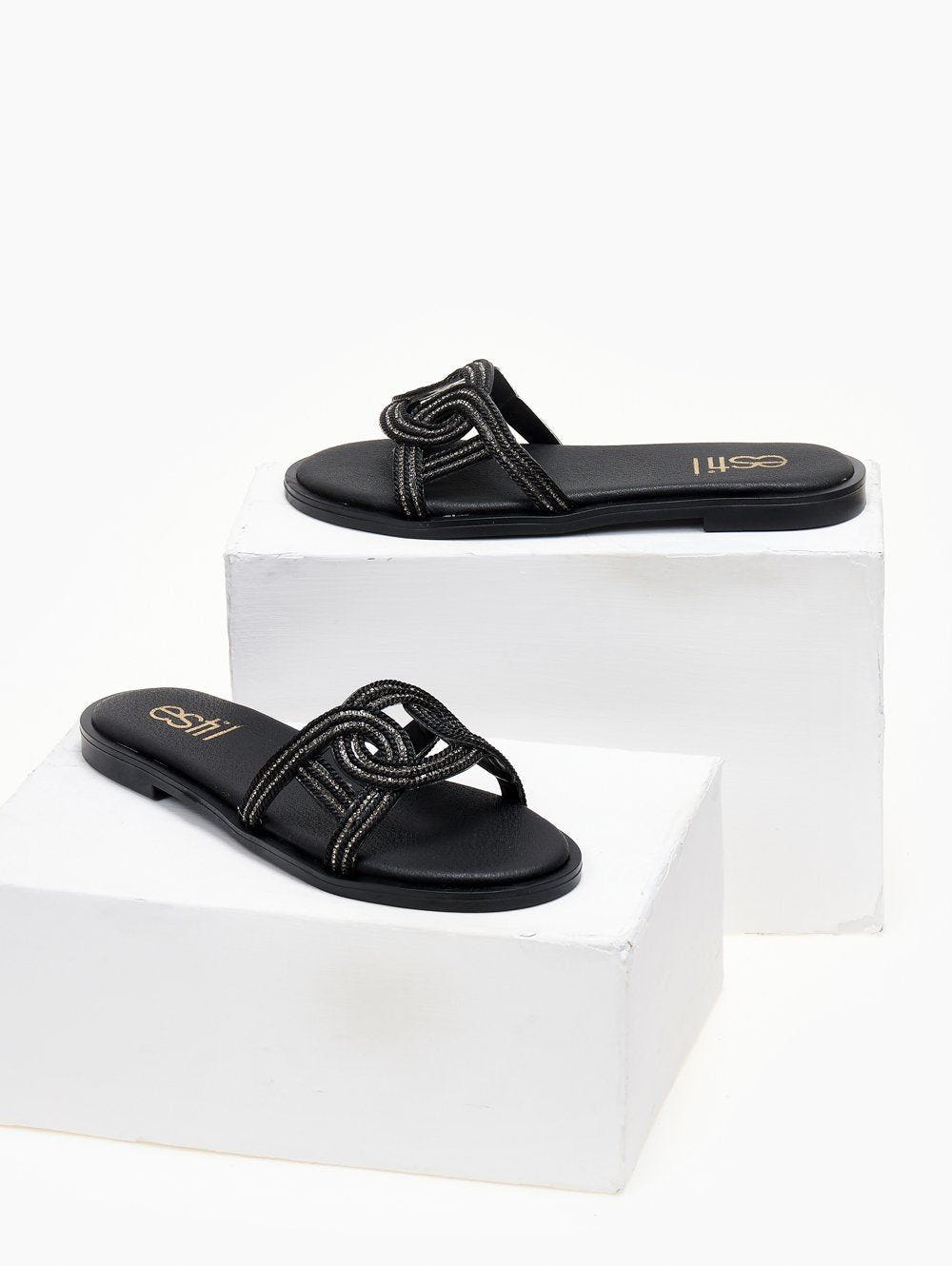 Σανδάλια με πλεκτή φάσα και στρας Estil - Μαύρο - thefashionproject.gr - Estil