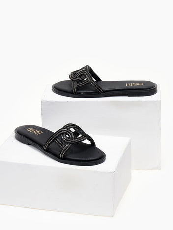 Σανδάλια με πλεκτή φάσα και στρας Estil - Μαύρο - thefashionproject.gr - Estil