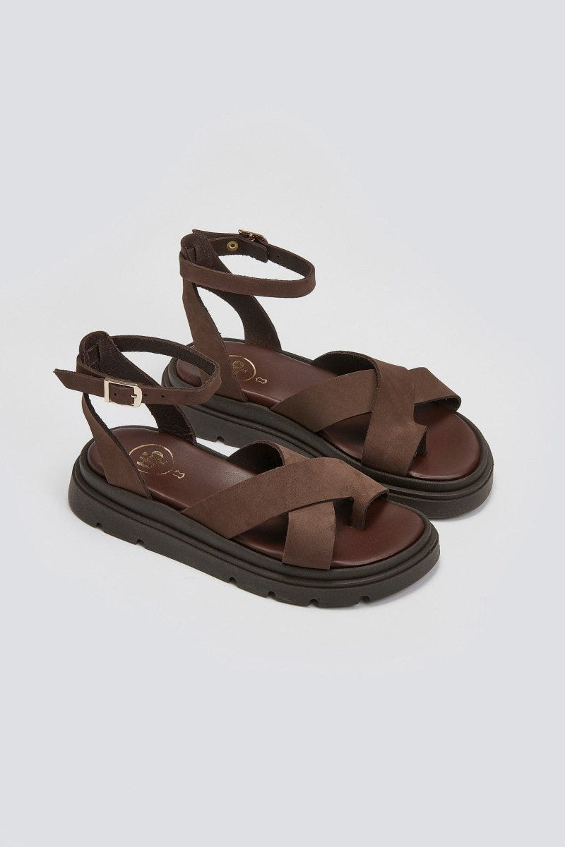 Σανδάλια nubuck δερμάτινα με μπαρέτα - Καφέ - thefashionproject.gr - TFP