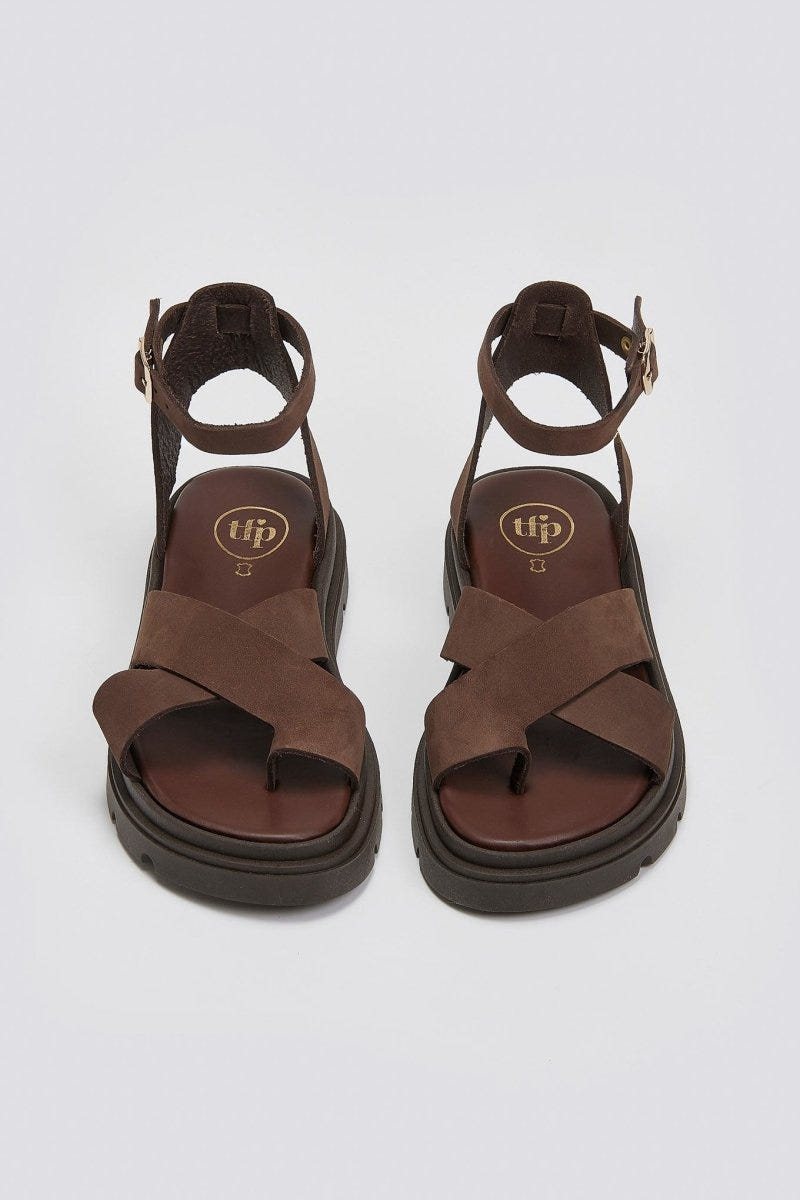 Σανδάλια nubuck δερμάτινα με μπαρέτα - Καφέ - thefashionproject.gr - TFP