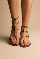 IRIS - Sandals Double Strap Leaf Detail - Brown Matte