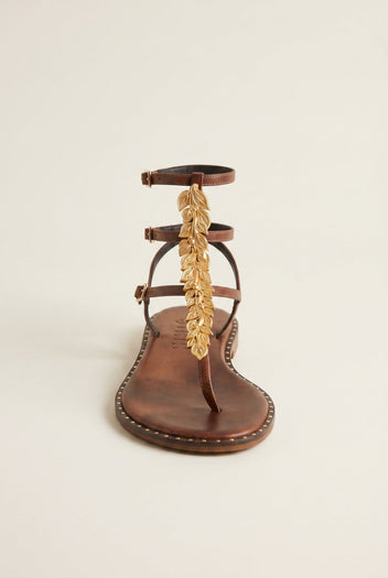 IRIS - Sandals Double Strap Leaf Detail - Brown Matte
