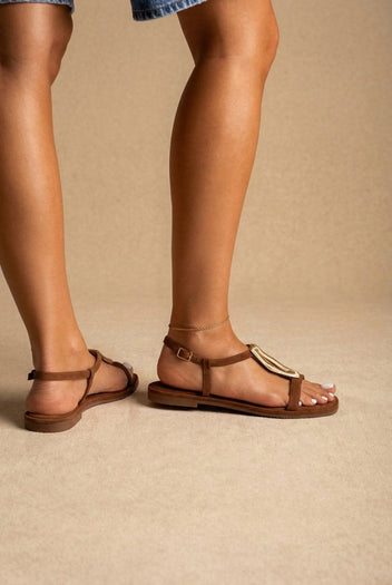 CARMELA - Sandals Metal Detail Buckle - Camel Suede