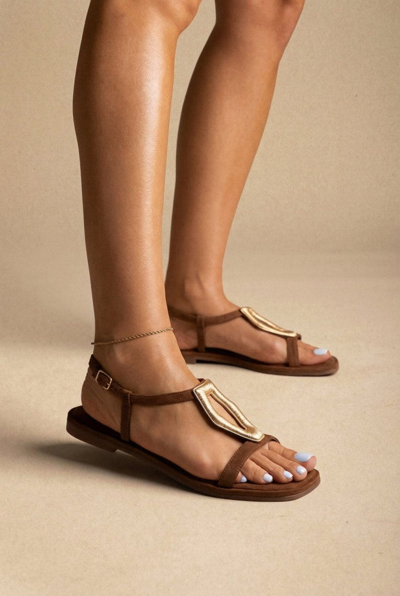 CARMELA - Sandals Metal Detail Buckle - Camel Suede